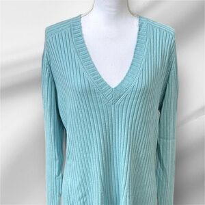 St. John Ribbed Light Blue V Neck Long Sweater
